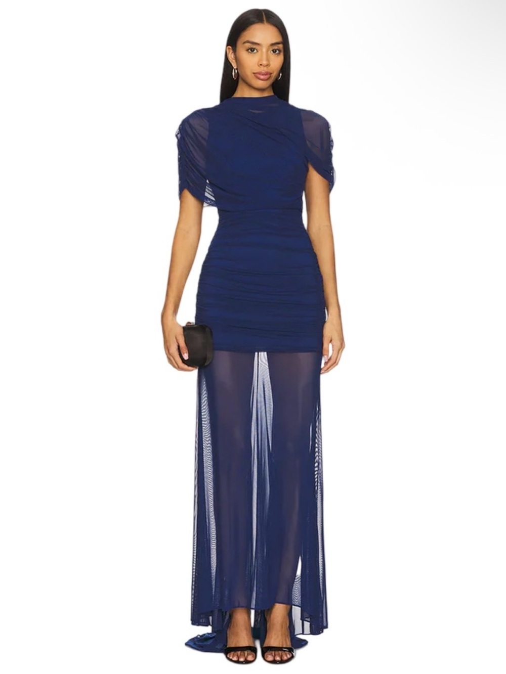 Amanda Uprichard Navy Ruched Bodice Sheer Maxi Dress